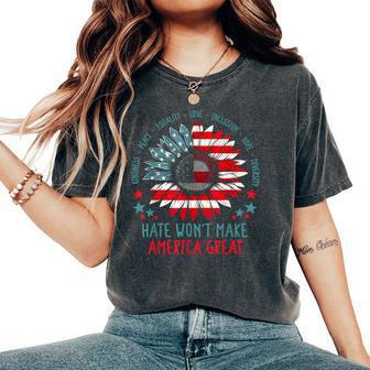 Hate Won't Make America Great Retro Sunflower Us Flag Women's Oversized Comfort T-Shirt - Thegiftio UK
