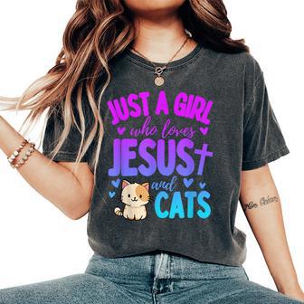Just A Girl Who Loves Jesus And Cats Christian Cute Women's Oversized Comfort T-Shirt - Thegiftio UK