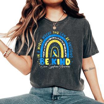 Be Kind Rainbow Down Syndrome Awareness Teacher Blue Yellow Women's Oversized Comfort T-Shirt - Thegiftio UK