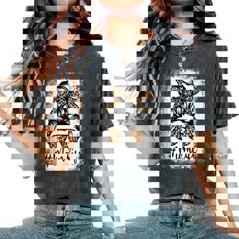 Leopard Mom Life Bleached Mom Life Messy Bun Women's Oversized Comfort T-Shirt - Seseable