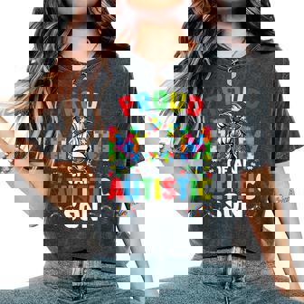 Proud Mother Of Autistic Son Messy Bun Autism Awareness Mom Women's Oversized Comfort T-Shirt - Thegiftio