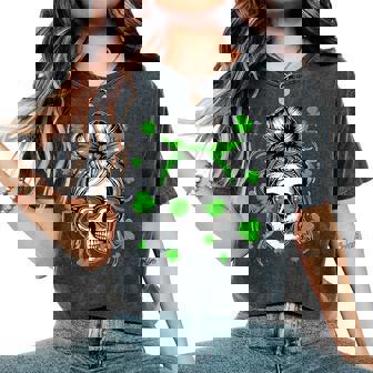 Skull Woman Messy Bun Hair Sunglasses Patrick's Day Clovers Women's Oversized Comfort T-Shirt - Monsterry