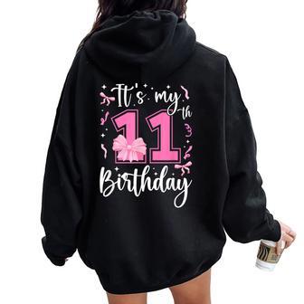 11Th Coquette Themed Birthday Eleven Year Old Girl Bow Women Oversized Hoodie Back Print - Thegiftio UK