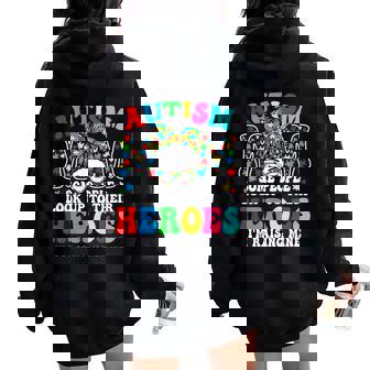 Autism Mom Raising Hero Groovy Messy Bun Autism Awareness Women Oversized Hoodie Back Print - Thegiftio UK
