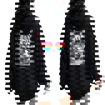Cute Valentines Day Grey Cat Heart Sunglasses Women Men Tee Women Oversized Hoodie Back Print - Monsterry