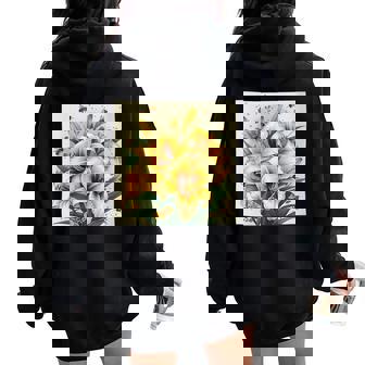 Daylily Flower Blooming With Bees Around Graphic Women Oversized Hoodie Back Print - Monsterry