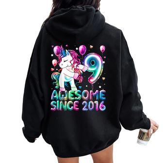 Flossing Unicorn 9 Year Old 9Th Birthday Girl Unicorn Party Women Oversized Hoodie Back Print - Thegiftio UK