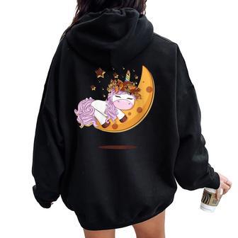 Hermoso Arco Iris Luna Dormida Unicornio Cuello Women Oversized Hoodie Back Print - Regaloses
