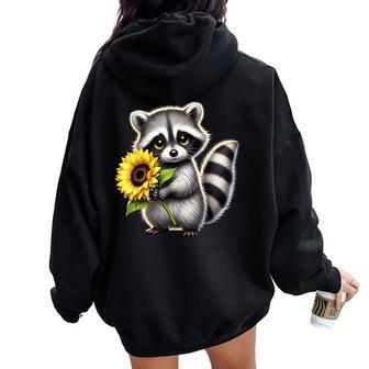 Raccoon Holding Sunflower Cute Flower Women Oversized Hoodie Back Print - Thegiftio UK