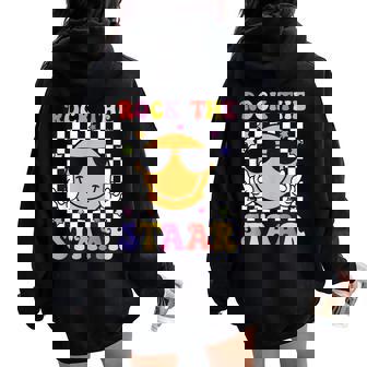 Rock The Staar Test Testing Day Smile Face Groovy Teacher Women Oversized Hoodie Back Print - Thegiftio