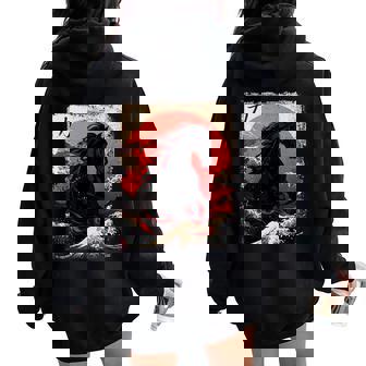 Vintage Japanese Black Horse The Great Wave Off Kanagawa Women Oversized Hoodie Back Print - Thegiftio UK