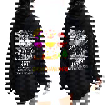 Wine Glasses Halloween Thanksgiving Christmas Hallothanksmas Women Oversized Hoodie Back Print - Monsterry