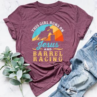 This Girl Runs On Jesus And Barrel Racing Horse Western Women's Heather T-Shirt - Monsterry
