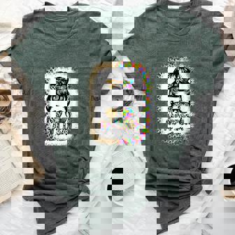 Autism Mom Messy Bun Puzzle Piece Awareness Bella Canvas T-shirt | Mazezy