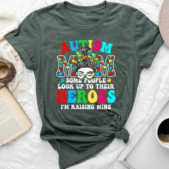 Autism Mom Raising Hero Groovy Messy Bun Autism Awareness Bella Canvas T-shirt - Thegiftio UK