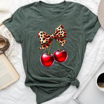 Coquette Cherry Leopard Ribbon Bow Girls Bella Canvas T-shirt - Thegiftio UK
