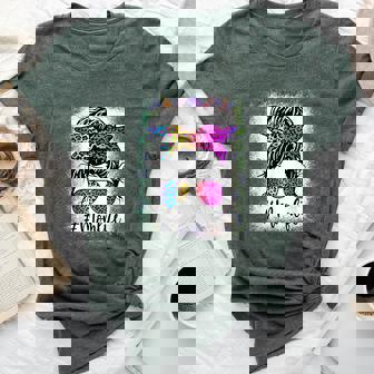 Mom Life Bleached Rainbow Leopard Messy Bun Bella Canvas T-shirt - Thegiftio