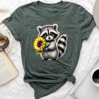 Raccoon Holding Sunflower Cute Flower Bella Canvas T-shirt - Thegiftio UK