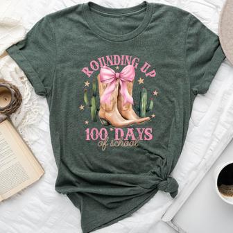 Rounding Up 100 Days Of School Pink Coquette Bow Teacher Bella Canvas T-shirt - Thegiftio UK