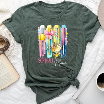 Softball Mama Coquette Bow Brsuhstroke Bella Canvas T-shirt - Thegiftio UK