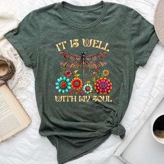 It Is Well With My Soul Dragonfly Floral Boho Christian God Bella Canvas T-shirt - Thegiftio UK