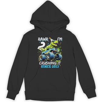 2Nd Birthday Monster Truck Dinosaur Party Boys Rawr I'm 2 Hoodie - Thegiftio UK