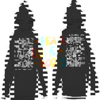 Peace Love Books Bookworm Librarian Reading Teacher Groovy Unisex Hoodie - Monsterry