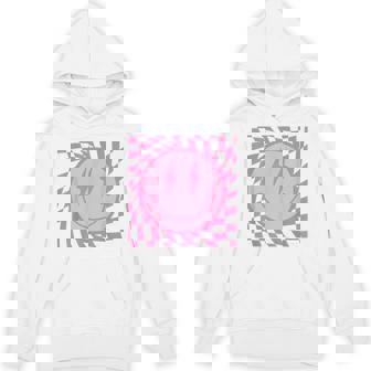 Retro Happy Smile Face Smiling Checkered Pattern Pink Trendy Hoodie - Seseable