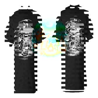 Alien And Bigfoot Loch Ness Campfire Sasquatch Guitar T-Shirt - Monsterry