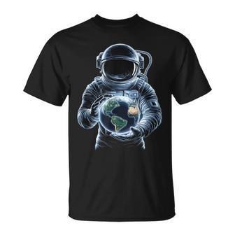 Astronaut Holds Earth In Space Space Planets For Kids T-Shirt - Monsterry