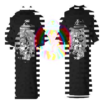 Bigfoot Riding A Unicorn Beamed Up By A Ufo Alien Cryptid T-Shirt - Monsterry