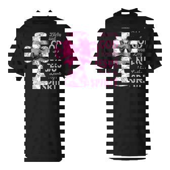Blessed By God Loved By Jesus Pink Toile Cross Christian T-Shirt - Monsterry