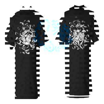 Blue Trippy Psychedelic Faceless Woman Floating In Vapors T-Shirt - Monsterry
