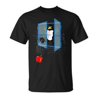 Brawny Linux Penguin Smashed Window With Bitten Apple T-Shirt - Geschenkecke