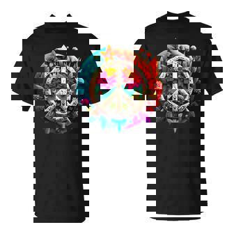 Brightly Coloured Flower And Leaf Peace Sign T-Shirt - Monsterry