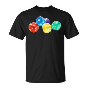 Colourful Dice In Five Different Colours T-Shirt - Geschenkecke