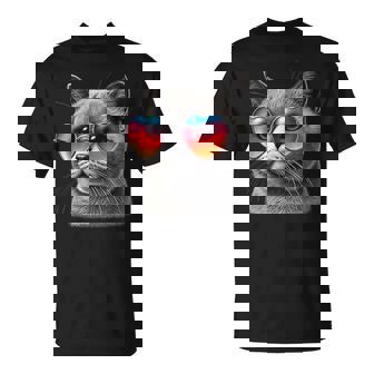 Cute Valentines Day Cat Heart Sunglasses Women Girls T-Shirt - Monsterry