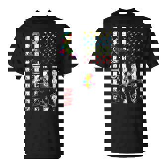 Distressed American Flag Autism Papa Bear Awareness T-Shirt - Seseable