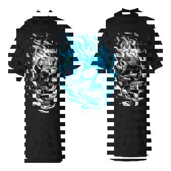 Flaming Blue Skull Cool Fun Graphic T-Shirt - Monsterry