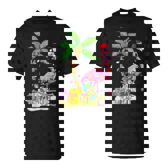 Flamingo Santa Hat Palm Tree Merry Christmas Lights T-Shirt - Monsterry