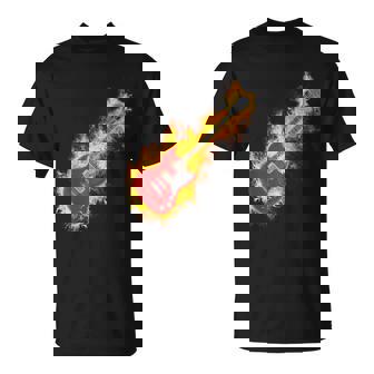 Guitarra De Rock Eléctrica En El Fuego Con Calavera Headstock T Camiseta unisex - Regaloses