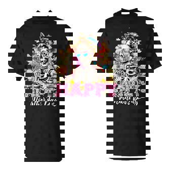 Happy Mother's Day Skeleton Messy Bun Floral Tie Dye Glasses T-Shirt | Mazezy