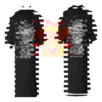 Highland Cow Valentines Day Hearts Valentine Cow Women T-Shirt - Thegiftio