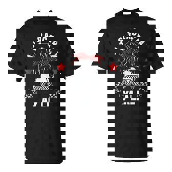 It's Race Day Y'all Checkered Flag Racing Messy Bun Pit Crew T-Shirt - Seseable