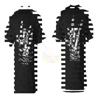 Mardi Gras Rocker Skeleton Hands Rock On New Orleans T-Shirt - Monsterry