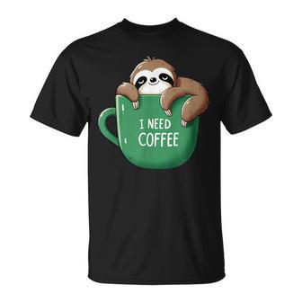 I Need Coffee Sloth Coffee Tired Sleeping T-Shirt - Geschenkecke