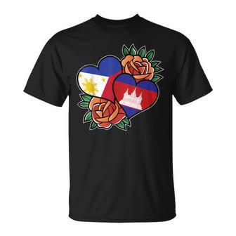 Philippines Cambodia Flag Heart Half Filipino Half Cambodian T-Shirt - Monsterry