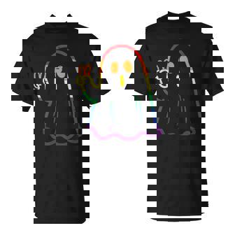 Rainbow LGBT Ghost Peace Sign Gay Pride Halloween Costume T-Shirt - Monsterry