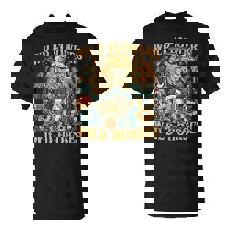 Retro Southern Sunset Cowgirl Wild Flowers Wild Horses T-Shirt - Seseable