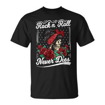 Rock N Roll Never Dies Rockabilly Girl Skull Tattoo Pin-Up T-Shirt - Geschenkecke